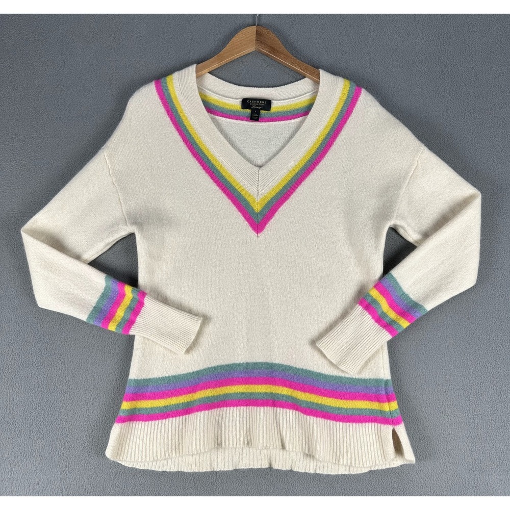 Charter Club Cashmere Sweater Large Ivory Beige Rainbow Stripe Luxury Pullover